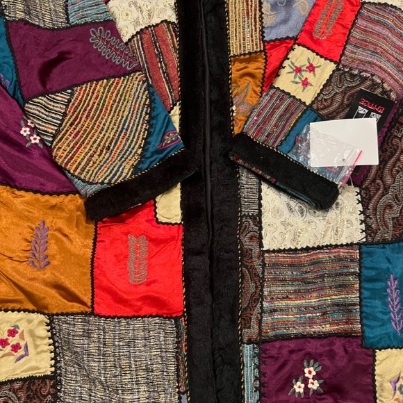 MULTI PATTERN/COLOR EMBELLISHED COAT WITH FAUX FUR TRIM - NWT - Picture 2 of 6